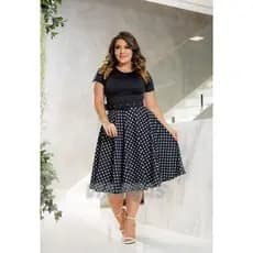 Vestido Midi - Preto de Bolinhas Brancas 153 - Com Cinto- Moda Feminina