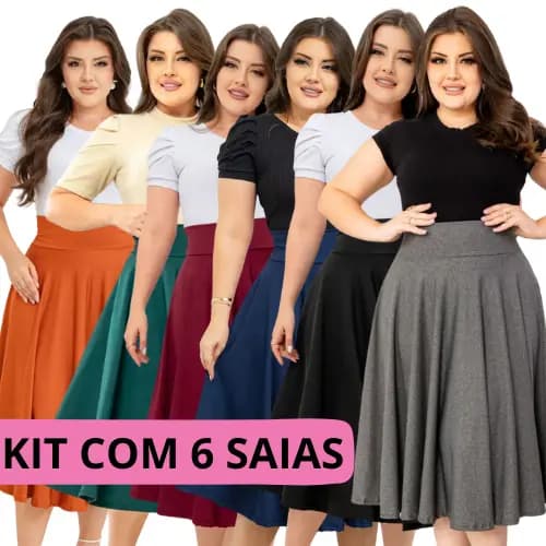 Kit 6 Saias Midi Lisas Cores Sortidas P ao G3 Moda Modesta Cristã Feminina