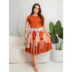 Vestido Midi Terracota Florido Com Cinto Moda feminina Cristã Lançamento REF 177