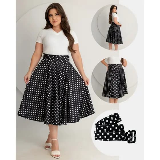 Saia Poá Feminina com Cinto P ao GG | Estilo Retrô Anos 60 Moda Vintage