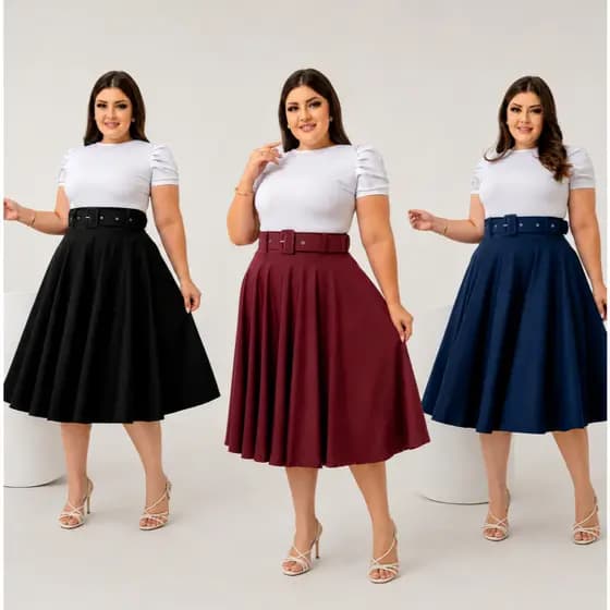 Saia Midi Lisa Acompanha Cinto, Diversas Cores, p Ao Gg - Novo Modelo - Loja Via Brás