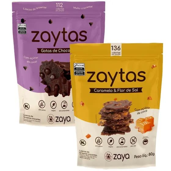 Kit Doce 2 Zaytas Caramelo & Flor De Sal e Gotas De Chocolate 70% - Lascas Brownie Vegano S/Gluten Lactose 80g