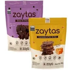 Kit Doce 2 Zaytas Caramelo & Flor De Sal e Gotas De Chocolate 70% - Lascas Brownie Vegano S/Gluten Lactose 80g