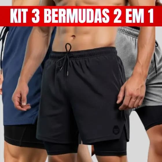 Kit 3 Short Kong Bermuda 2 em 1 Com Cueca Embutida Para Academia Treino Crossfit Corrida