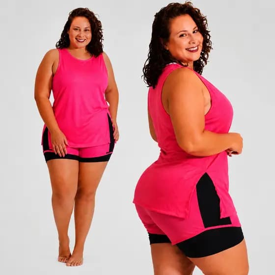 Conjunto Blusa Tapa Bumbum e Shorts Sobreposto Plus Size Roupas Femininas Academia Fitness Kit Curve