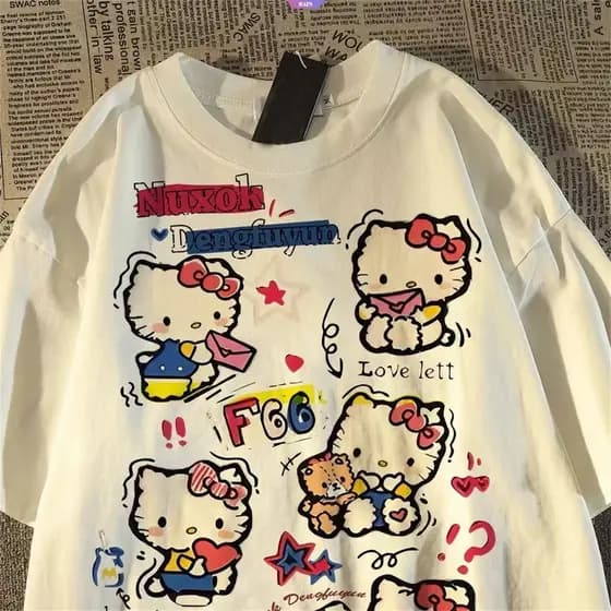 Camiseta Sanrio Hello Kitty Estilo Americano Com Gola Redonda E Estampa De Verão Unissex De Manga Curta Casal [Chuva]