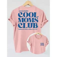 Camiseta de Verão Casual com Decote Redondo e Manga Curta para Mulheres do "Cool Mom Club"
