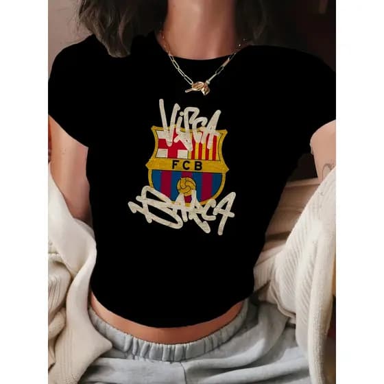 Camiseta Feminina  FCB & Slogan Estilo Y2K Manga Curta para Fãs de Futebol, Roupa Casual de Verão e Camisa do Barcelona