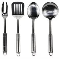 Kit Talheres Utensílios Inox Cromados 4 peças Colher Garfo Espátula Concha