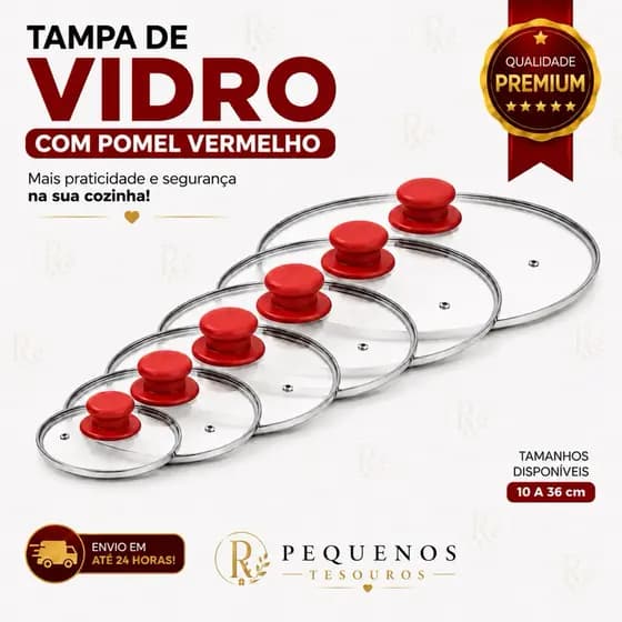 TAMPA DE VIDRO AVULSA TEMPERADO  Nª 10 12 14 16 18 20 22 24 26 28 30CM -PARA JOGO DE PANELA / FRIGIDEIRA- POMEL VERMELHO