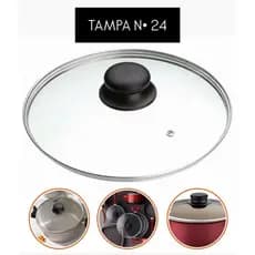 TAMPA DE VIDRO N 24 CM TEMPERADO AULSA PARA PANELAS E FRIGIDEIRAS- COM BORDA DE AÇO- COM POMEL PUXADOR PRETO | UNIVERSAL