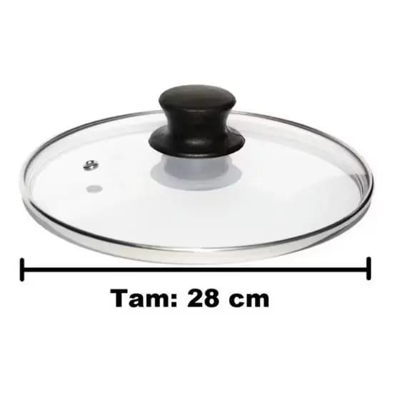 TAMPA DE VIDRO N 28 CM TEMPERADO AULSA PARA PANELAS E FRIGIDEIRAS-COM BORDA DE AÇO- POMEL PUXADOR PRETO | UNIVERSAL