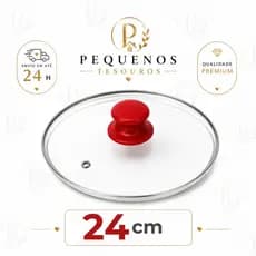 TAMPA AVULSA DE VIDRO TEMPERADO 24/25 CM PARA PANELAS E FRIGIDEIRAS-  COM BORDA DE AÇO-POMEL PUXADOR VERMELHO |UNIVERSAL