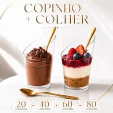 Kit Copinho Colherzinha Dourada Sobremesa Acrílico Premium Casamento Doces gourmet Festas