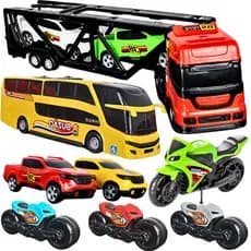 Caminhão Cegonheiro 10 Pçs Ônibus Motinha Carrinho de Brinquedo Infantil