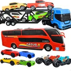 Kit Caminhão Cegonha Ônibus 13 Peças Carrinhos Moto Brinquedo Menino Infantil