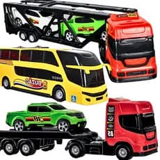 Caminhão Cegonha Reboque 6 Pçs Ônibus Carrinho de Brinquedo Meninos