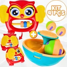 Kit 4pçs Brinquedo Bebê Chocalho + Mordedor Silicone Sensorial Macio Criança Infantil Animais