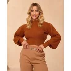 Blusa Cropped Feminina Manga Longa Bufante Tricot Básica
