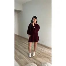 Conjunto Feminino Saia Godê Curta e Blusa Manga Longa Bufante Tricot Tendência Moda Blogueira