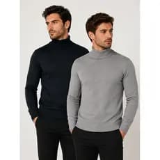 Kit 2 Cacharrel Blusa Trico Sueter Lã Masculina Canelada Gola Alta