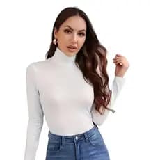 Blusa Feminina Gola Alta Camiseta Cacharrel Térmica Manga Comprida Inverno