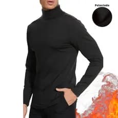 Camisa Gola Alta Masculina Peluciada Tecido Flanelado Blusa Segunda Pele Manga Longa Inverno