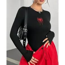 Blusinha Feminina Manga Longa Gola Redonda Estampa Aranha – Tendência Streetwear
