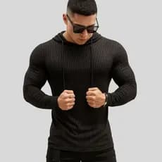 Camiseta Masculina Canelada Americana Manga Longa com Capuz Blusa Estilosa Confortável Casual