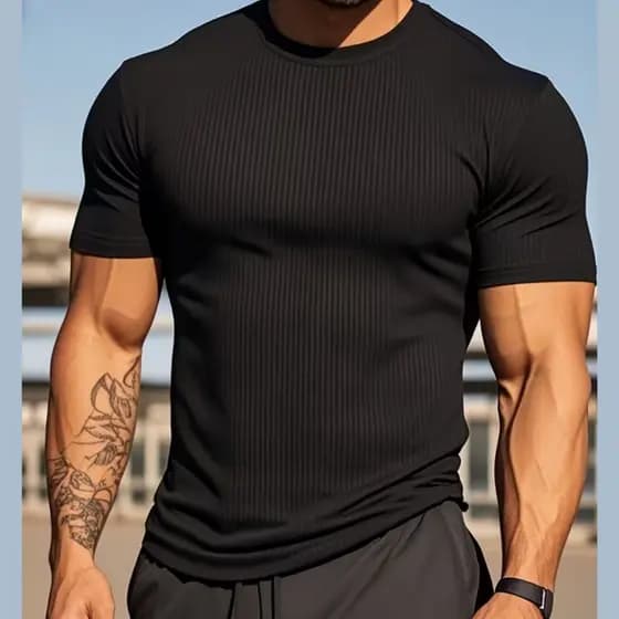 Camiseta Masculina Canelada Americana gola redonda Slim Fit Casual Academia dia dia malha elástica
