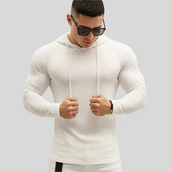Camiseta Canelada Americana Capuz Manga longa Masculina Slim casual