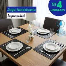 Kit Jogo Americano Para Mesa Bancada Corino 4 Peças Sousplat Limpa Fácil Preto