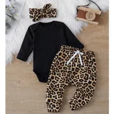 Conjunto Bebê Menina Frio Calça Fofa Body Longo Algodão Faixa de Cabelo roupinha conjuntinho onça