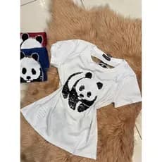 T-Shirt Feminina Panda Paetê REVERSÍVEL Algodão Decote Costas Destroyed