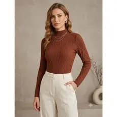 Body Feminino Tricô Modal Manga Longa Canelado Gola Alta Texturizado