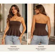 Blusa Feminina Tomara que Caia Modal Canelada Peplum Cropped Sem Manga com Elastano - Tamanho Único