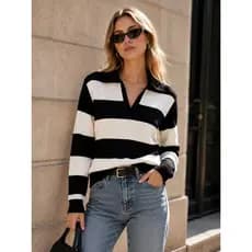 Blusa Feminina de Tricô Modal Listrada Gola Polo Manga Longa Casual Macia Confortável Outono Inverno