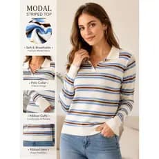 Blusa Feminina Modal Listrada Manga Longa Gola Polo Tricô Macio Casual Moda Outono Inverno