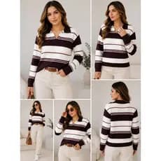 Blusa Feminina de Tricô Gola Polo Listrada Manga Longa Quentinha Moda Inverno Casual