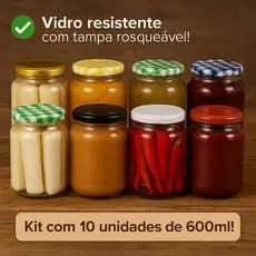 Kit 10 Potes de Vidro 600ml com Tampa – Conserva, Palmito, Doces, Frutas|Pote Hermético Reutilizável