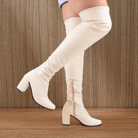 Bota Aurora Feminina Cano Alto Over The Knee Bico Quadrado Com Amarração Stretch E Zíper Confortável Shay