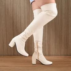 Bota Aurora Feminina Cano Alto Over The Knee Bico Quadrado Com Amarração Stretch E Zíper Confortável Shay