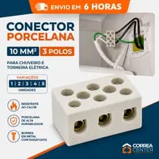 Conector Porcelana Sindal 10mm 3 Polos Chuveiro Torneira Elétrica Eletrica Bornes Cerâmica Emenda