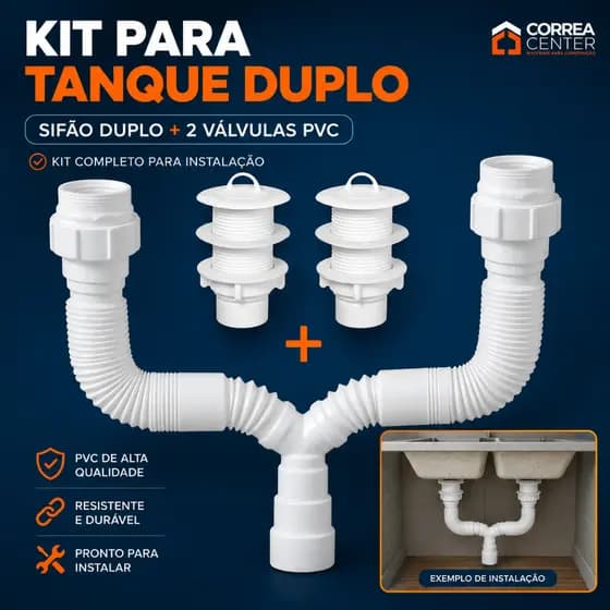 Kit Sifao Sanfonado Duplo Com 2 Valvula Tanque Pvc Branco Flexivel Universal Area Servico Lavanderia