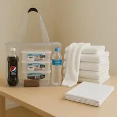 Kit Bolsa Transparente Jumbo, Lençol Solteiro/ Toalha Branca e Potes 1,5 L e 3 L