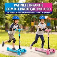 Patinete Infantil 3 Rodas c/Luz LED + Kit Proteção (Capacete, Joelheira, Cotoveleira, Munhequeira)