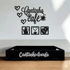 Aplique Cantinho do Café Kit 7 peças + Bandeja MDF Preto C/ Coração Auto Relevo