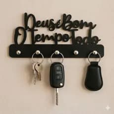 Porta Chaves de Parede Decorativo Multiuso em MDF 3mm Preto Deus é Bom o Tempo Todo - Envio Imediato