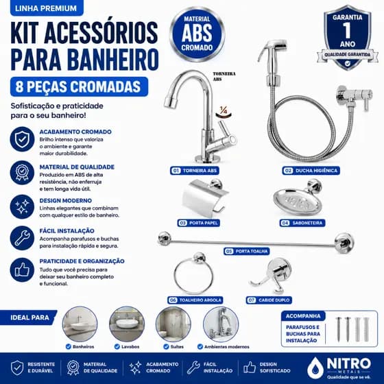 Kit Acessórios Banheiro Cromado Inox + 1 Torneira + Ducha Higiênica