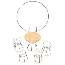Boleira e Doceiras de Metal com  Tampo em Madeira Pinus + Mini Arco Decorativo 50x50 kit com 5 peças